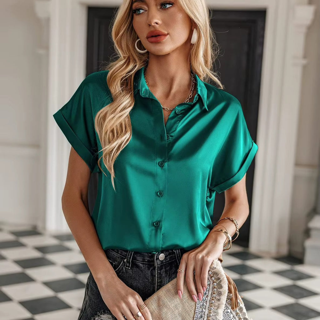Women Solid V-Neck Satin Short Sleeve Loose Button Casual Shirt