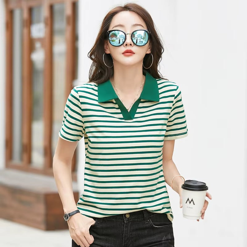 Women Striped V-Neck Cotton Polo Short Sleeve Slim Casual Top