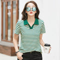 Women Striped V-Neck Cotton Polo Short Sleeve Slim Casual Top