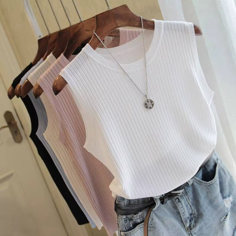 Women White Ice Silk Thin Knit Sleeveless Vest Tops