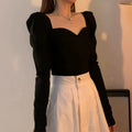 Women Black V-Neck French Puff Sleeve Square Neck Slim Crop Top