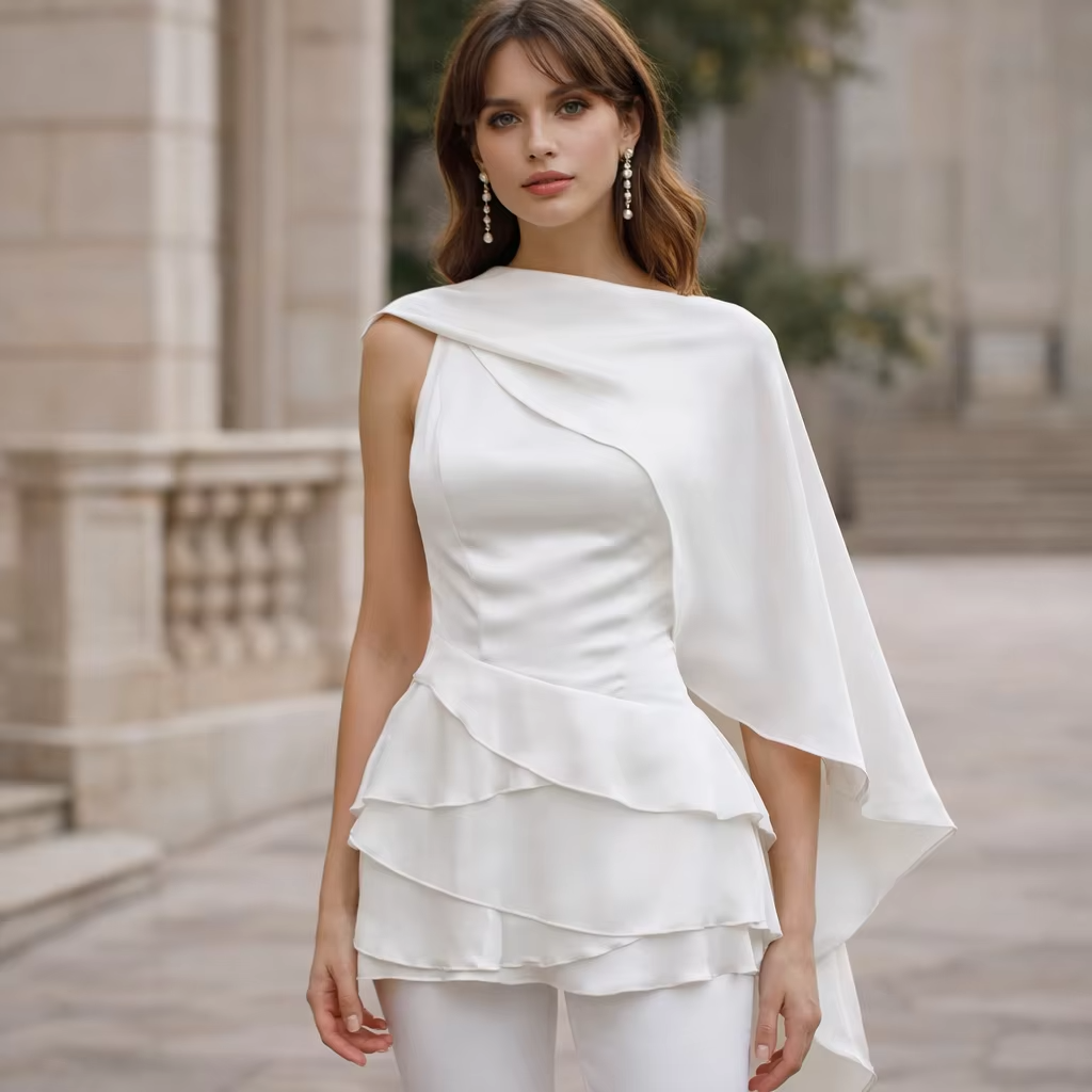 Women White One Shoulder Cape Sleeve Ruffle Loose Casual Dress