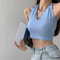 Women Metal Love Hollow Halter Crop Top Sleeveless Navel Vest