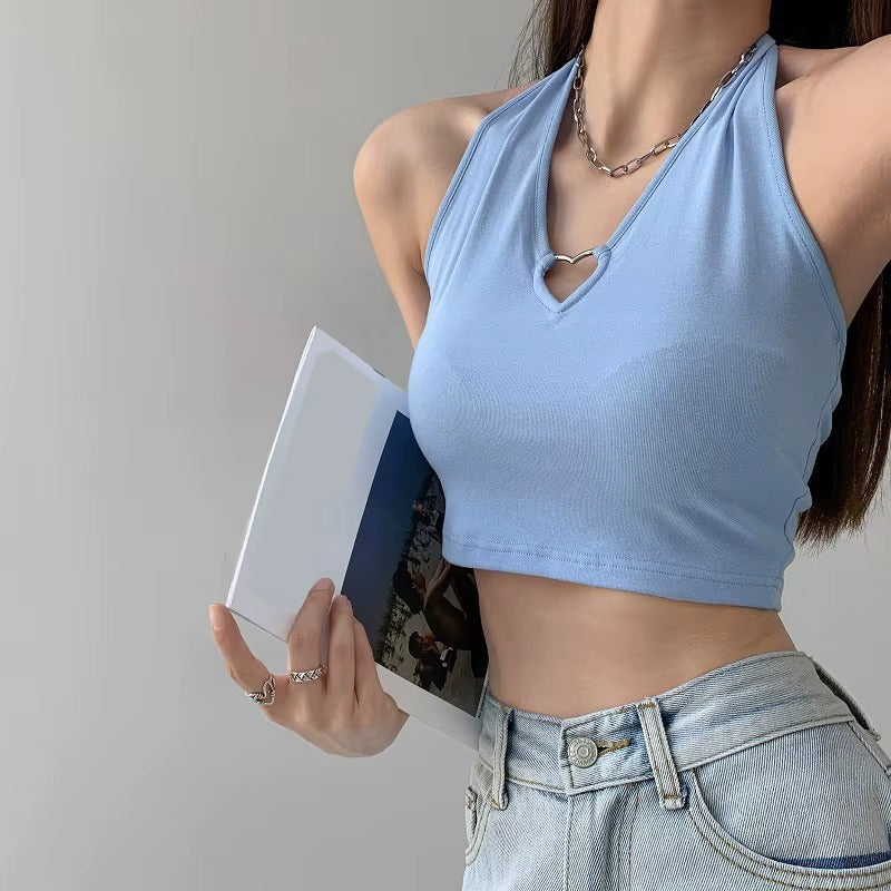 Women Metal Love Hollow Halter Crop Top Sleeveless Navel Vest