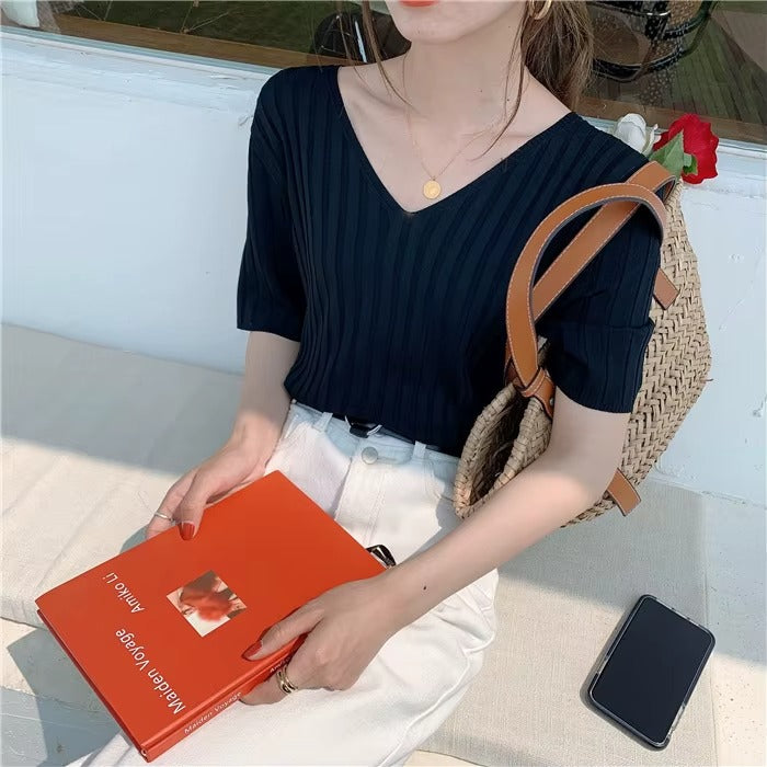 Women Candy Green Ice Silk Short Sleeve Loose Sweater Top