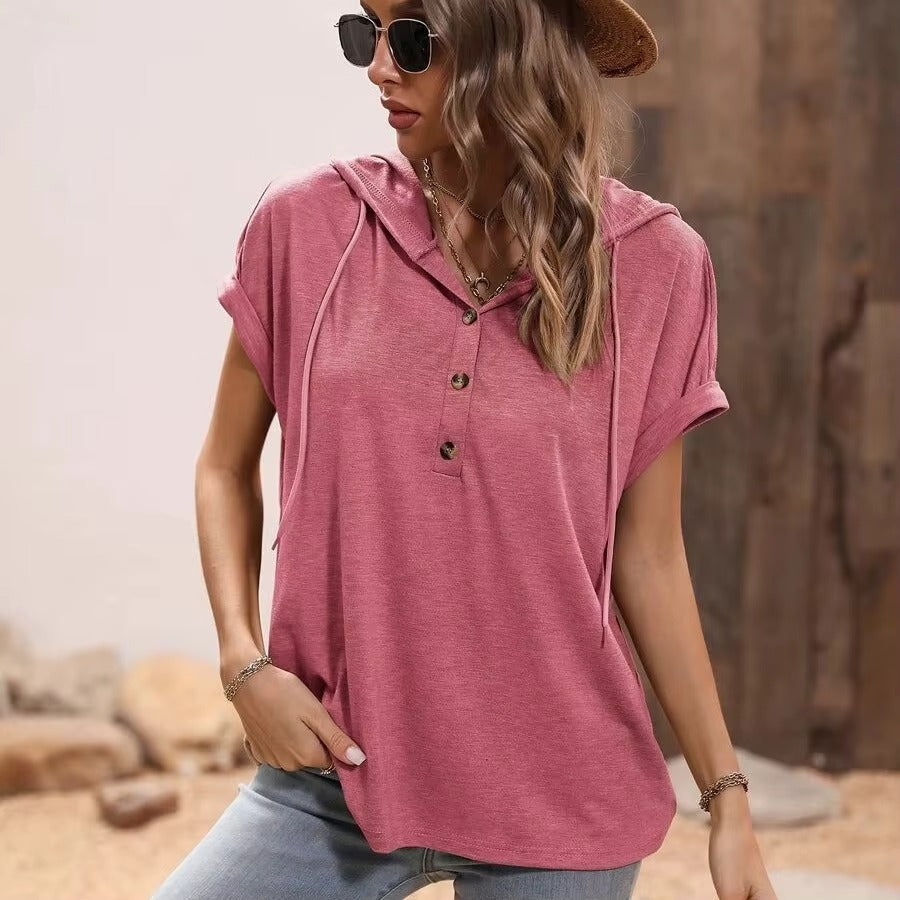 Women V-Neck Long Sleeve Button Hooded Sweatshirt Tops