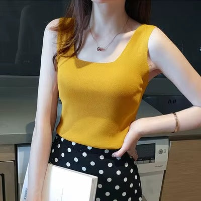 Women Square Collar Printed Solid Backless Sleeveless Vest Tops