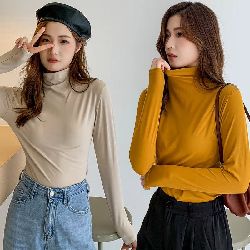 Women Modal Long Sleeve Half High Neck Slim Fit Tops