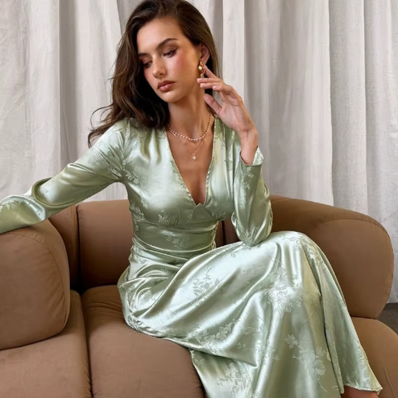 Women Light Green 2026 New Elegant Chest Open 3D Jacquard Satin Long Sleeve Evening Dress