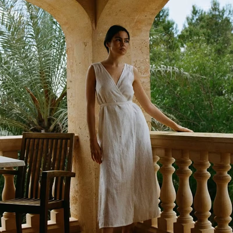 Women V Neck White Linen Casual Summer Dress