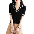 Women V-Neck Solid Ice Silk Knit Polo Short Sleeve Top