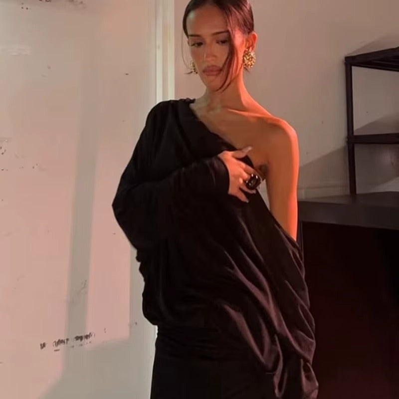 Women Cross One Shoulder Sleeveless Black Elegant Sexy Maxi Dress