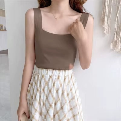 Women Square Collar Printed Solid Backless Sleeveless Vest Tops