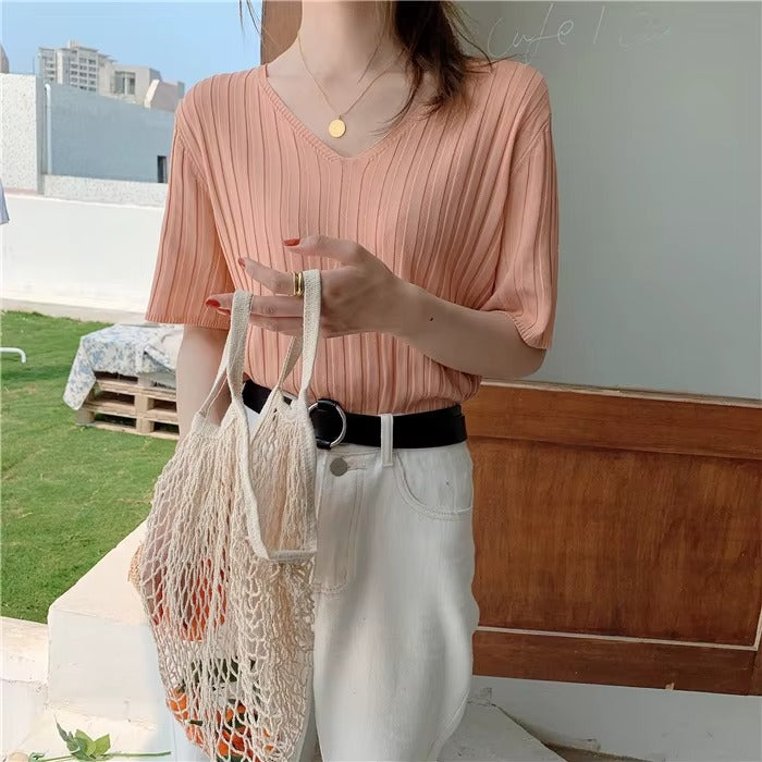 Women Candy Green Ice Silk Short Sleeve Loose Sweater Top