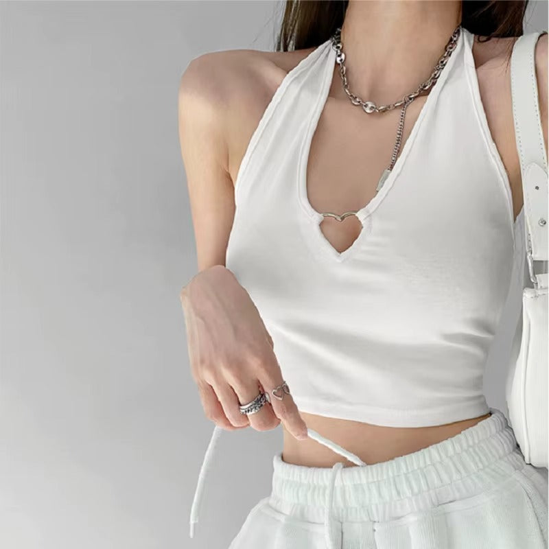 Women Metal Love Hollow Halter Crop Top Sleeveless Navel Vest