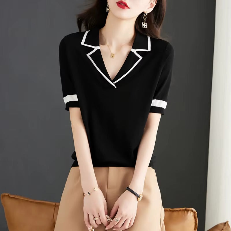 Women V-Neck Solid Ice Silk Knit Polo Short Sleeve Top