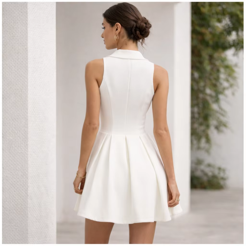 Women White Sleeveless Blazer Dress Deep V Pleated Fit Flare Mini Dress