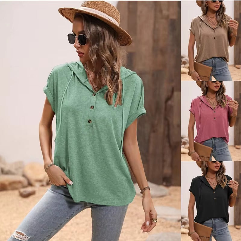 Women V-Neck Long Sleeve Button Hooded Sweatshirt Tops