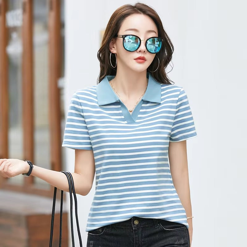 Women Striped V-Neck Cotton Polo Short Sleeve Slim Casual Top