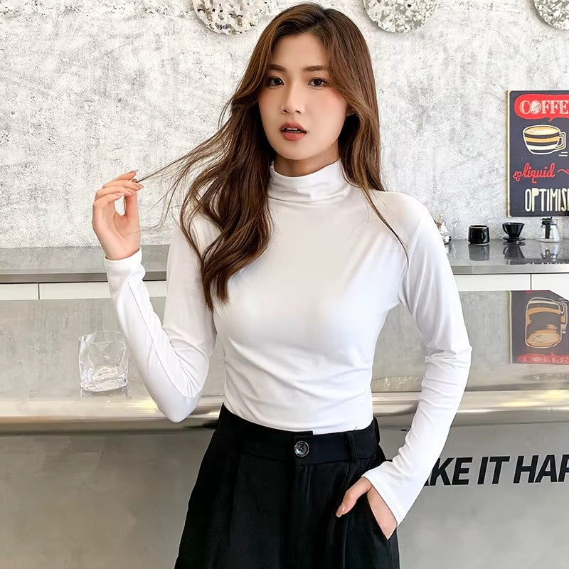 Women Modal Long Sleeve Half High Neck Slim Fit Tops