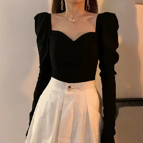Women Black V-Neck French Puff Sleeve Square Neck Slim Crop Top