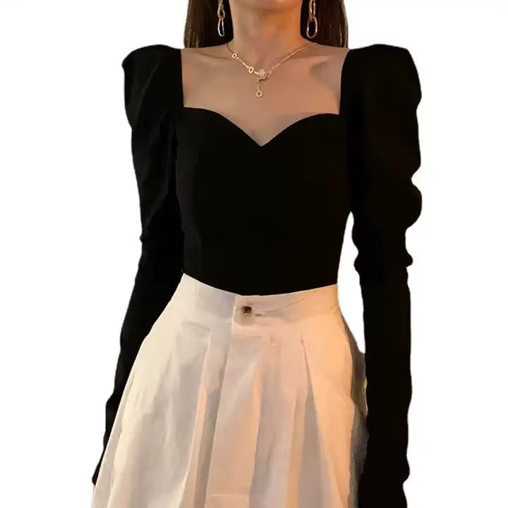 Women Black V-Neck French Puff Sleeve Square Neck Slim Crop Top