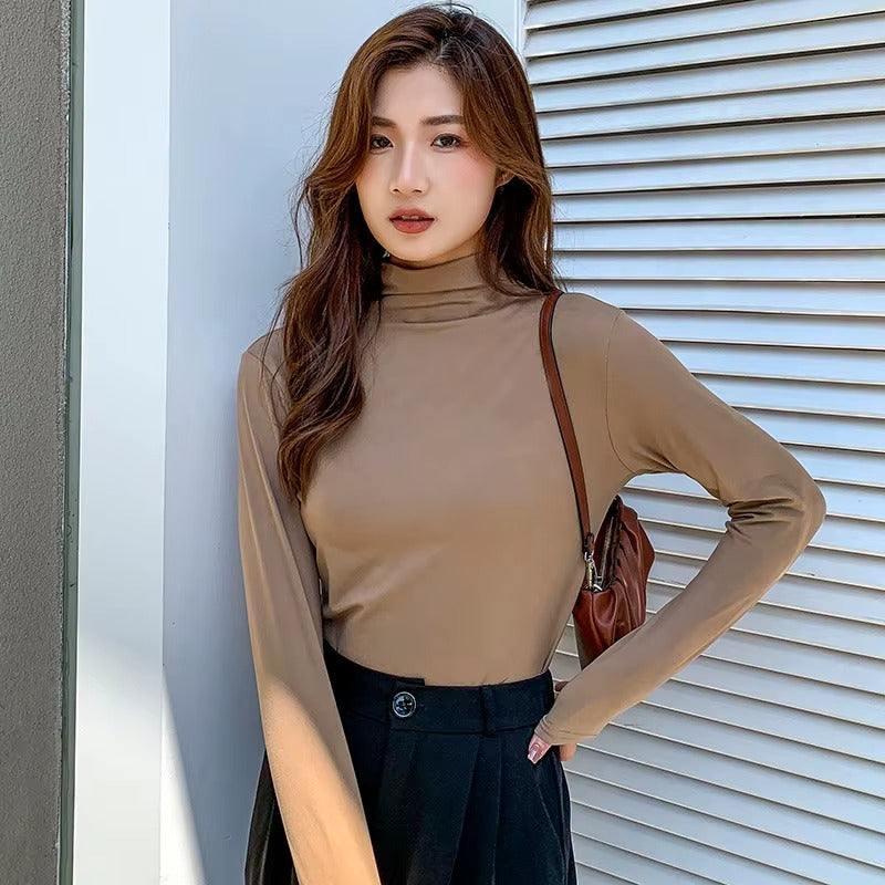 Women Modal Long Sleeve Half High Neck Slim Fit Tops