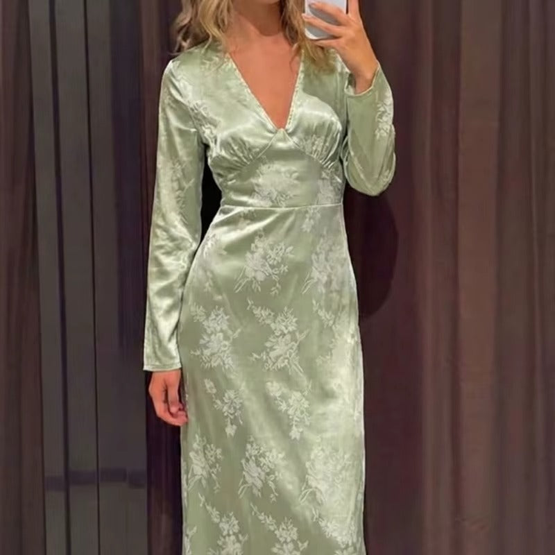 Women Light Green 2026 New Elegant Chest Open 3D Jacquard Satin Long Sleeve Evening Dress