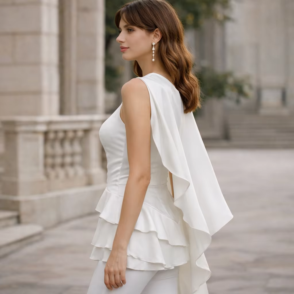 Women White One Shoulder Cape Sleeve Ruffle Loose Casual Dress