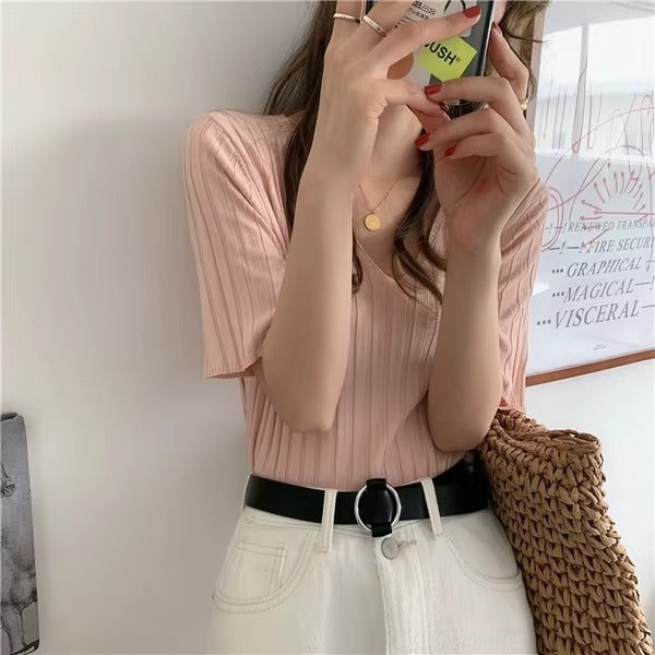 Women Candy Green Ice Silk Short Sleeve Loose Sweater Top