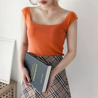 Women Square Collar Printed Solid Backless Sleeveless Vest Tops