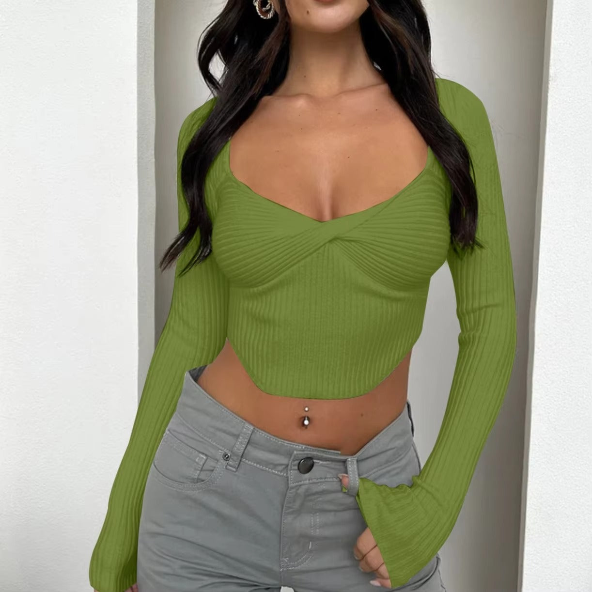 Women Square Collar Slim Long Sleeve Crop Top