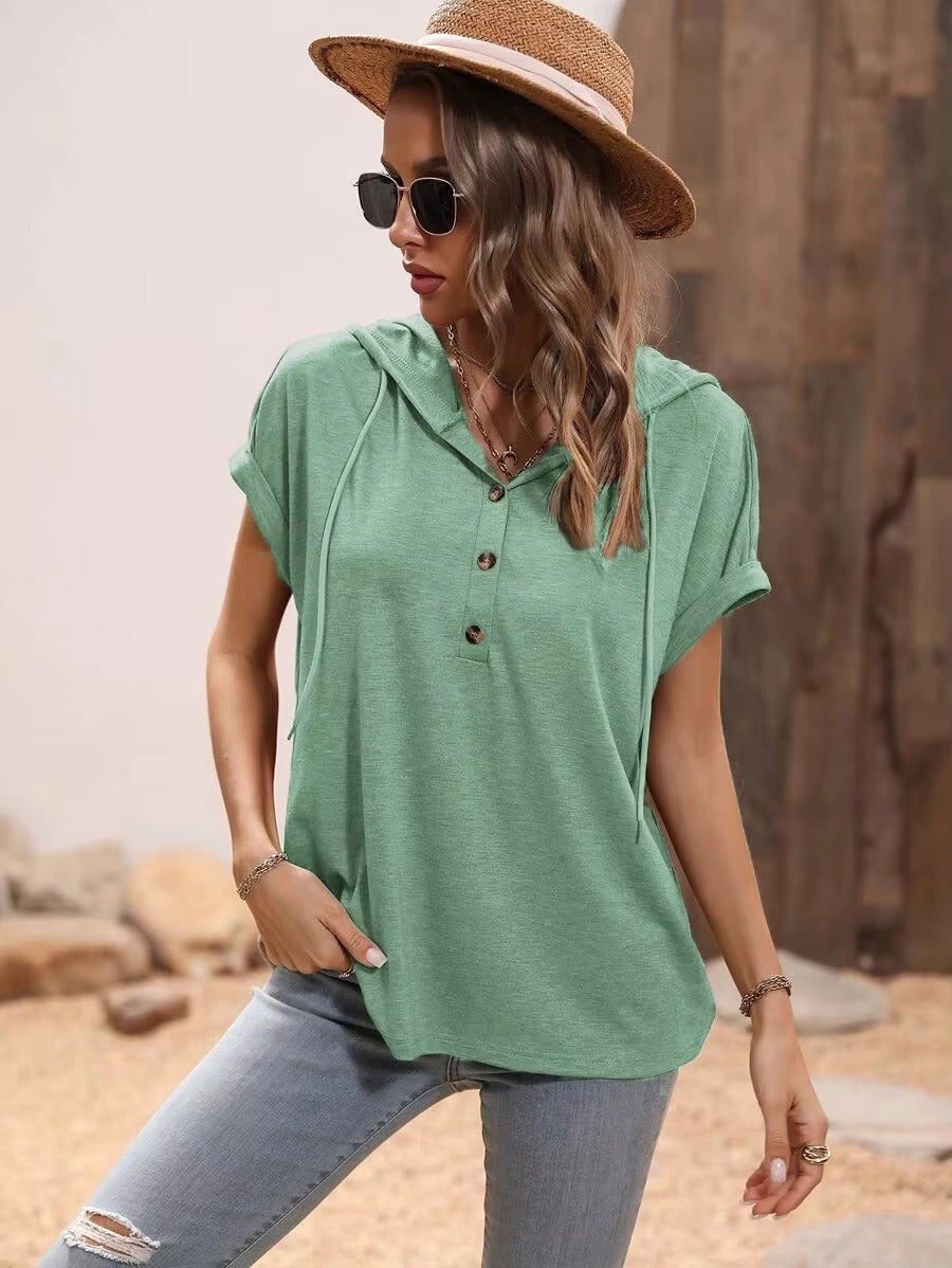 Women V-Neck Long Sleeve Button Hooded Sweatshirt Tops