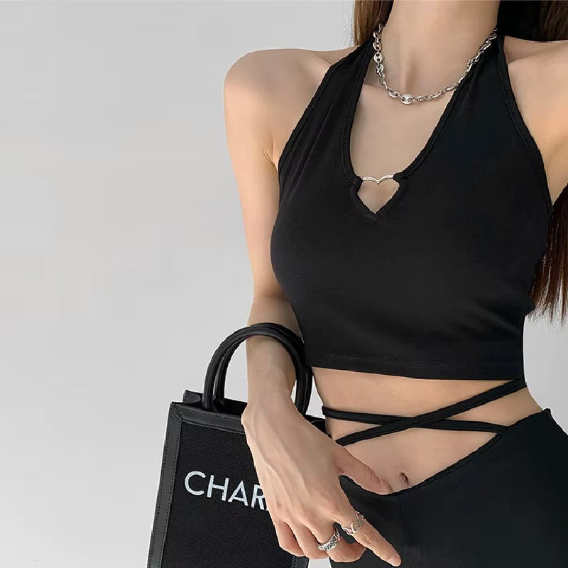 Women Metal Love Hollow Halter Crop Top Sleeveless Navel Vest