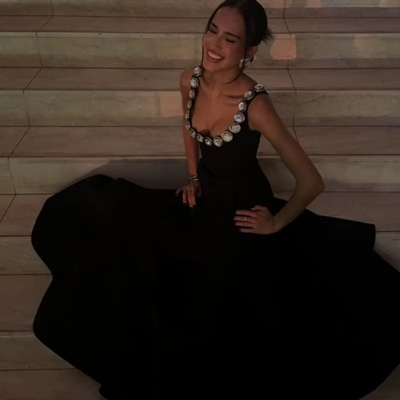 Women Cross One Shoulder Sleeveless Black Elegant Sexy Maxi Dress