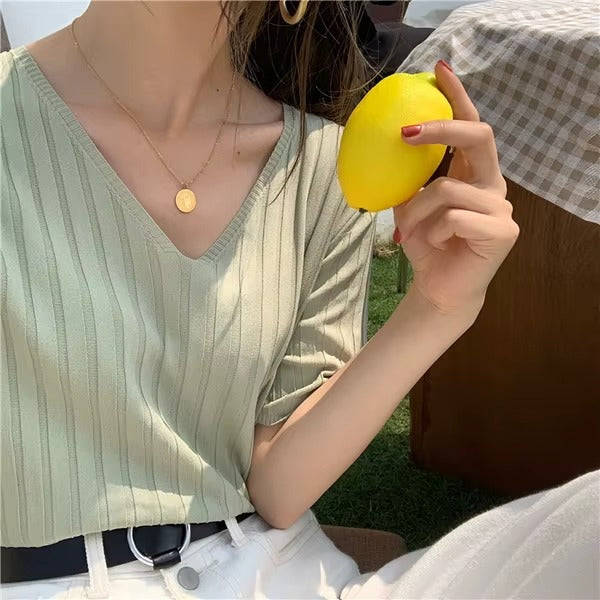 Women Candy Green Ice Silk Short Sleeve Loose Sweater Top