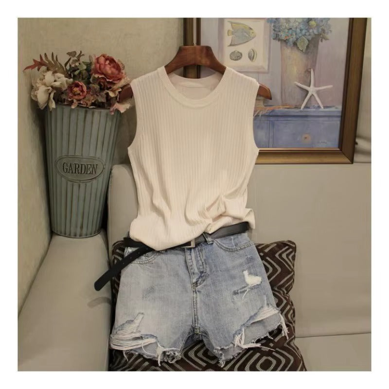 Women White Ice Silk Thin Knit Sleeveless Vest Tops