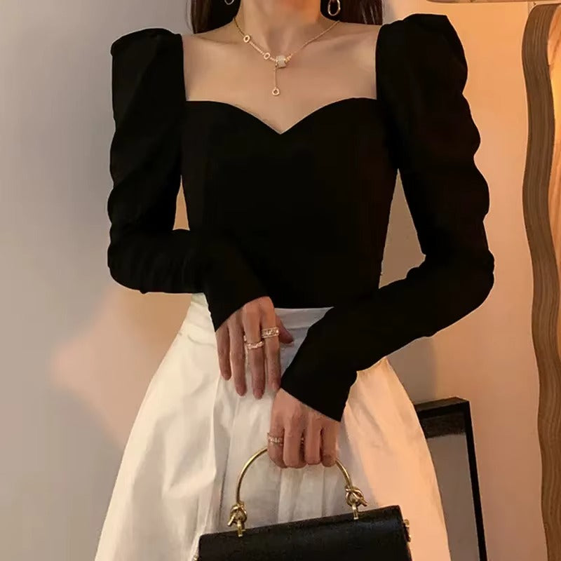Women Black V-Neck French Puff Sleeve Square Neck Slim Crop Top