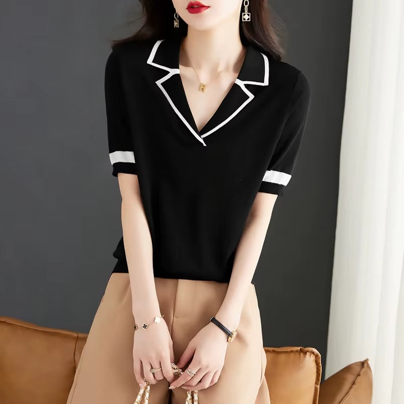 Women V-Neck Solid Ice Silk Knit Polo Short Sleeve Top