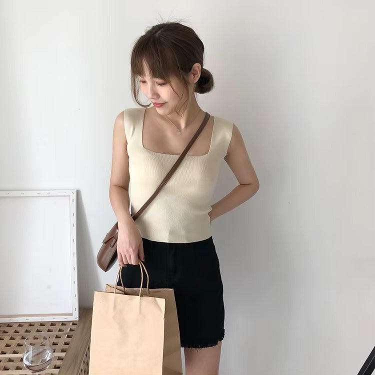 Women Square Collar Printed Solid Backless Sleeveless Vest Tops