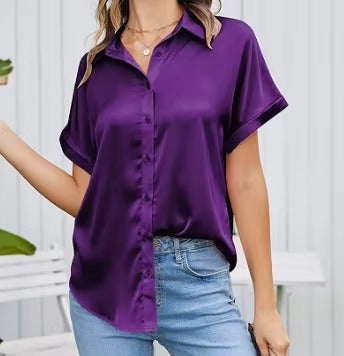 Women Solid V-Neck Satin Short Sleeve Loose Button Casual Shirt
