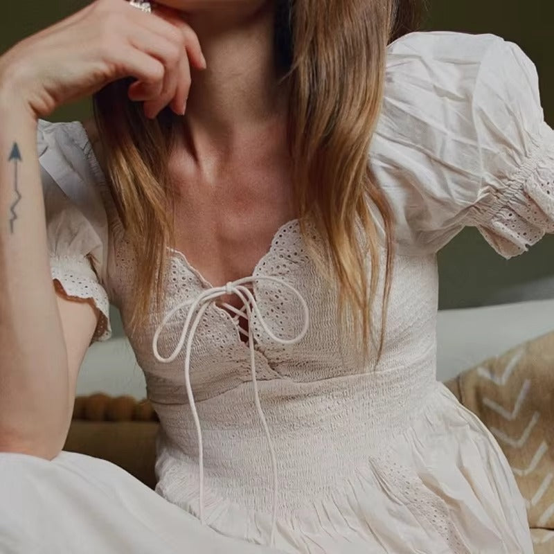 Women V Neck White Linen Casual Summer Dress