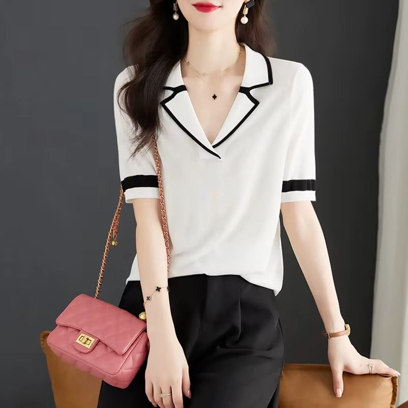 Women V-Neck Solid Ice Silk Knit Polo Short Sleeve Top
