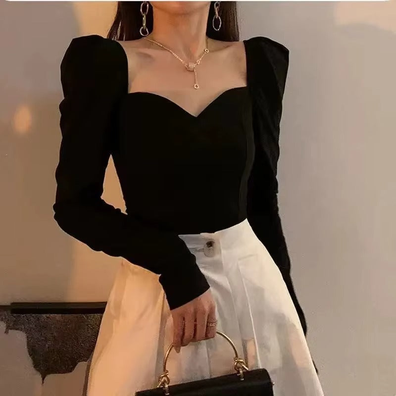 Women Black V-Neck French Puff Sleeve Square Neck Slim Crop Top
