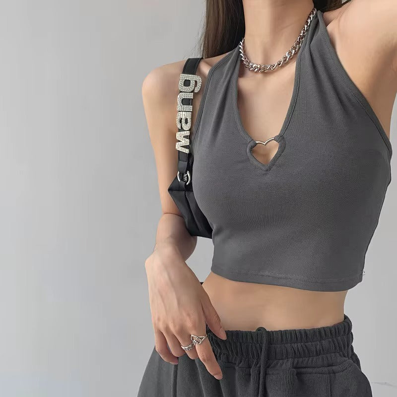 Women Metal Love Hollow Halter Crop Top Sleeveless Navel Vest