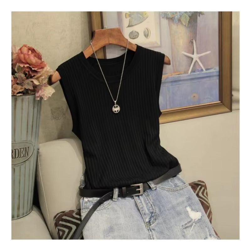 Women White Ice Silk Thin Knit Sleeveless Vest Tops