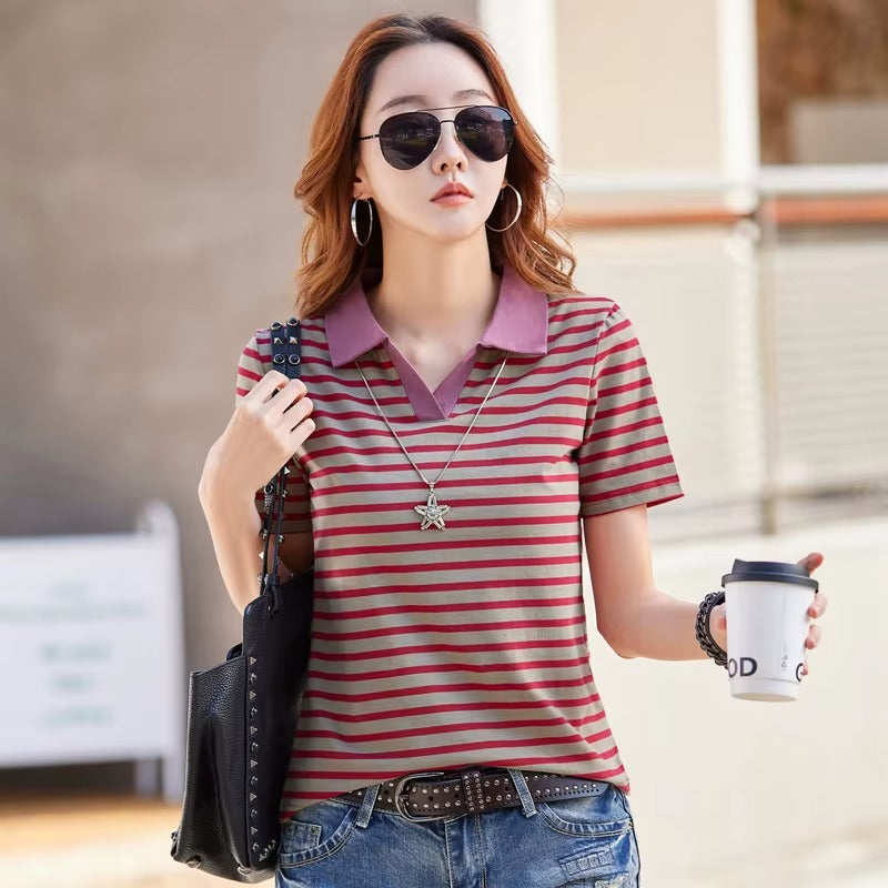 Women Striped V-Neck Cotton Polo Short Sleeve Slim Casual Top