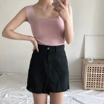 Women Square Collar Printed Solid Backless Sleeveless Vest Tops