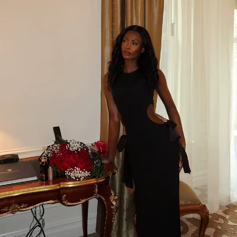 Women V Neck Backless Cut Out High Waist Elegant Dress