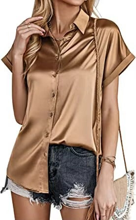 Women Solid V-Neck Satin Short Sleeve Loose Button Casual Shirt